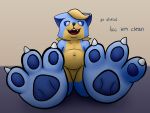  2020 anthro belly blonde_hair blue_body blue_eyes blue_fur blue_nose blue_pawpads blue_sclera claws dialogue digital_drawing_(artwork) digital_media_(artwork) domestic_cat english_text featureless_chest featureless_crotch felid feline felis foot_focus fur gradient_background hair hi_res kristall_krit long_hair looking_at_viewer low-angle_view male mammal max_rebound multicolored_body multicolored_fur navel open_mouth pawpads paws reclining sharp_teeth simple_background slightly_chubby smile solo talking_to_viewer teeth text thick_thighs whiskers yellow_body yellow_fur 