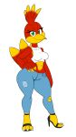  2020 anthro anthrofied avian banjo-kazooie beak bird bottomwear breasts clothing eyelashes feathers female footwear green_eyes hand_on_hip hi_res high_heels kazooie looking_at_viewer midriff navel pants rareware red_body shoes simple_background smile solo standing tansau video_games white_background wide_hips 