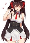  1girl absurdres bangs blush breasts brown_hair cleavage eyebrows_visible_through_hair flugel_(kaleido_scope-710) girls_frontline hair_between_eyes hair_ornament hair_ribbon hand_in_hair hand_on_back highres long_hair looking_at_viewer medium_breasts necktie open_mouth qbz-97_(girls_frontline) red_neckwear red_ribbon ribbon skirt solo twintails very_long_hair white_background white_skirt 