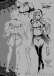  1girl bare_back breasts character_sheet concept_art crossed_legs detached_sleeves elf fritillaria_(usagi_nagomu) gloves greyscale hair_ornament hairband highres jewelry long_hair looking_at_viewer monochrome multiple_views navel necklace nipples open_clothes open_skirt original pointy_ears puffy_detached_sleeves puffy_short_sleeves puffy_sleeves scan short_sleeves sketch skirt small_breasts smile solo standing thighhighs translation_request usagi_nagomu watson_cross 