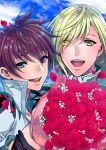  2boys :d asbel_lhant blue_eyes blue_sky bouquet brown_hair cloud cloudy_sky eyes_visible_through_hair flower green_hair heterochromia looking_at_viewer male_focus multiple_boys open_mouth purple_eyes red_flower red_rose richard_(tales) rose sky smile tales_of_(series) tales_of_graces upper_body usagi_nagomu yellow_eyes 