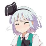  1girl aqua_vest ascot black_hairband black_neckwear cato_(monocatienus) closed_eyes commentary eyebrows_visible_through_hair frown hairband konpaku_youmu motion_lines portrait shaking_head shirt short_hair short_sleeves silver_hair simple_background solo sweat touhou white_background white_shirt 