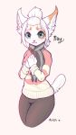  2018 anthro bobtail_cat bottomwear clothing domestic_cat felid feline felis female fur green_eyes hair kiit0s looking_at_viewer mammal pants scarf smile solo sweater topwear whiskers white_body white_fur white_hair 