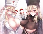  2girls absurdres blonde_hair blue_eyes blush braid braided_bangs breasts cleavage collarbone dp28_(girls_frontline) earrings eyebrows_visible_through_hair girls_frontline gloves hair_between_eyes hat highres jewelry large_breasts long_hair looking_at_viewer martinreaction mole mole_under_eye multiple_girls open_mouth papakha ptrd-41_(girls_frontline) purple_eyes turtleneck white_background white_gloves 