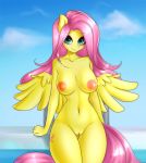  2020 5_fingers absurd_res anthro areola breasts cloud cutie_mark equid equine female fingers fluttershy_(mlp) friendship_is_magic front_view hasbro hi_res mammal my_little_pony navel nipples nude outside pegasus solo wings yutakira92 