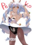  1girl absurdres animal_ear_fluff animal_ears armpits bangs black_gloves black_legwear black_leotard blue_hair braid breasts bunny_ears carrot_hair_ornament cleavage closed_mouth commentary covered_navel detached_sleeves dress english_text food_themed_hair_ornament fur-trimmed_gloves fur_trim gloves hair_ornament highres hololive leg_garter leotard leotard_under_clothes long_hair looking_at_viewer multicolored_hair orange_eyes pantyhose puffy_short_sleeves puffy_sleeves shiro_osushi short_sleeves sidelocks simple_background small_breasts smile solo standing symbol-shaped_pupils twin_braids twintails two-tone_hair usada_pekora virtual_youtuber white_background white_dress white_hair 