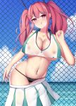  1girl :q absurdres azur_lane bangs bare_shoulders black_panties blue_sky blush breasts bremerton_(azur_lane) bremerton_(scorching-hot_training)_(azur_lane) chain-link_fence cleavage cloud collarbone collared_shirt commentary covered_nipples cowboy_shot crop_top crop_top_overhang day ear_piercing eyebrows_visible_through_hair fence green_skirt grey_hair groin hair_between_eyes hair_intakes hair_ornament hairclip hand_up heart heart-shaped_pupils heart_necklace highres huge_filesize large_breasts long_hair looking_at_viewer midriff multicolored_hair nail_polish navel navel_piercing no_mole panties piao_mao piercing pink_eyes pink_hair pink_nails see-through shirt sidelocks skindentation skirt skirt_pull sky sleeveless sleeveless_shirt smile solo sportswear standing streaked_hair sweat symbol-shaped_pupils tennis_uniform tongue tongue_out twintails two-tone_hair two-tone_shirt two-tone_skirt underboob underwear wet wet_clothes wet_shirt white_shirt white_skirt x_hair_ornament 