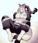  abs blush bound canid canine canis clothed clothing eyewear facial_hair foxvulpine hair jabra_(one_piece) male mammal muscular nipples one_piece pecs scar simple_background solo sunglasses wolf 