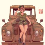  1girl absurdres artist_name beret blue_eyes blush breasts brown_hair camouflage camouflage_shorts cleavage_cutout commission hat highres land_rover license_plate original shorts smile solo thighs willy_pete 