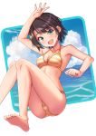  1girl arm_up bikini black_hair blue_sky blush breasts cleavage clenched_hand cloud collarbone feet highres hololive kaimuu_(fahrenheit724) looking_at_viewer oozora_subaru open_mouth outdoors sky solo striped striped_bikini swimsuit virtual_youtuber water 