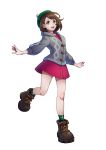  1girl absurdres bangs boots brown_eyes brown_footwear brown_hair cardigan commentary_request dress eyelashes full_body green_headwear green_legwear grey_cardigan hair_behind_ear hasekou_g highres knees leg_up open_mouth pink_dress pokemon pokemon_(game) pokemon_swsh simple_background smile socks solo tam_o&#039;_shanter teeth tongue white_background yuuri_(pokemon) 