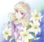  1girl armor bangs blonde_hair blue_eyes closed_mouth delphinus_mii eyebrows_visible_through_hair floating_hair flower from_side hairband head_tilt lily_(flower) lisa_(lisa_lisa_life) long_hair looking_at_viewer saint_seiya_saintia_sho shoulder_armor smile solo spaulders upper_body white_flower white_hairband 