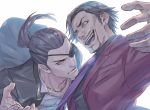  2boys angry battle black_eyepatch black_hair black_jacket black_shirt black_suit chain collarbone commentary_request dress_shirt ear_piercing evil_smile eyepatch facial_hair fighting_stance forehead formal goatee gold_chain hair_pulled_back jacket jewelry lapel_pin leaning_forward looking_at_another majima_gorou male_focus medium_hair multiple_boys necktie neckwear nishitani_homare open_collar open_hand open_mouth parted_hair piercing pinstripe_shirt ponytail purple_neckwear red_eyes red_suit ryuu_ga_gotoku shirt short_hair simple_background smile suit talgi teeth upper_body v-shaped_eyebrows white_background white_shirt 