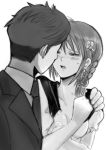  1boy 1girl blazer blush braid breasts cleavage collarbone collared_shirt couple flower gacha-m greyscale gundam gundam_zz hair_flower hair_ornament hair_over_shoulder half-closed_eyes hand_on_another&#039;s_shoulder hetero imminent_kiss jacket monochrome necktie open_clothes open_mouth open_shirt puru_eight sailor_collar sailor_shirt shirt short_hair short_sleeves simple_background single_braid small_breasts sweatdrop upper_body white_background wing_collar 