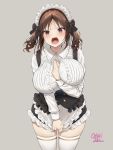  1girl angry bangs black_skirt blush breasts brown_eyes brown_hair buttons dress_shirt frills highres large_breasts long_hair long_sleeves looking_at_viewer maid_headdress oekakizuki open_mouth original parted_bangs shirt sidelocks simple_background skirt thick_thighs thighhighs thighs twintails white_legwear 