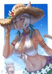  2girls absurdres animal_ears armlet bangs bikini bikini_top blue_eyes blue_sky blush_stickers bracelet breasts cat_ears cat_girl cat_tail cleavage cloud dark_skin drooling dutch_angle ears_through_headwear facial_mark final_fantasy final_fantasy_xiv flower glasses grey_hair hat hat_flower highres hjz_(artemi) jewelry large_breasts looking_at_viewer miqo&#039;te multiple_girls navel neck_tattoo open_mouth sarong short_hair silver_eyes sky slit_pupils smile straw_hat swimsuit tail tattoo upper_body whisker_markings white_hair y&#039;shtola_rhul 