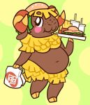  :3 animal_crossing anthro belly beverage big_belly bovid breasts brown_body brown_skin burger caprine chubby_female clothing female floppy_ears food freckles fries frita_(animal_crossing) headgear hi_res hooves horn mammal navel nintendo overweight overweight_female paper_bag sheep simple_background softvivi solo standing_on_one_leg video_games 