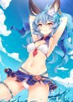  1girl animal_ears armpits arms_up bangs bikini bikini_skirt blue_flower blue_hair blue_ribbon blue_skirt blue_sky blush breasts bunny_ears cleavage_cutout cloud collarbone day erune eyebrows_visible_through_hair ferry_(granblue_fantasy) flower granblue_fantasy hair_between_eyes hair_flower hair_ornament hair_ribbon highres jewelry long_hair looking_at_viewer medium_breasts navel outdoors parted_lips ponytail purple_flower ribbon ricegnat single_earring skirt sky smile solo swimsuit thigh_strap wading water wavy_hair yellow_eyes 
