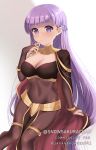  1girl absurdly_long_hair blush braid breasts cape cleavage commission commissioner_upload cosplay embarrassed fire_emblem fire_emblem:_the_binding_blade fire_emblem_cipher fire_emblem_heroes highres large_breasts long_hair midriff navel purple_eyes purple_hair see-through shiny shiny_hair snowsakurachan solo sophia_(fire_emblem) tharja_(fire_emblem) tharja_(fire_emblem)_(cosplay) very_long_hair watermark 