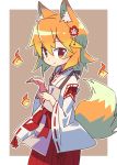  1girl animal_ear_fluff animal_ears brown_background brown_eyes commentary_request eyebrows_visible_through_hair flower fox_ears fox_girl fox_tail hair_flower hair_ornament highres hitodama japanese_clothes long_sleeves looking_at_viewer miko orange_hair ribbon-trimmed_sleeves ribbon_trim roku_no_hito senko_(sewayaki_kitsune_no_senko-san) sewayaki_kitsune_no_senko-san short_hair smile solo tail two-tone_background upper_body white_background wide_sleeves 
