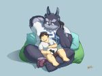  2020 anthro belly bottomwear chaihuliang chubby_protagonist_(tas) clothing controller duo eyes_closed game_controller hi_res human kemono male mammal overweight overweight_male protagonist_(tas) shirt shorts simple_background sitting tokyo_afterschool_summoners topwear tsathoggua video_games 