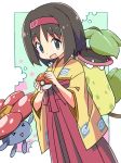  1girl :d >_< black_eyes black_hair commentary erika_(pokemon) hakama hakama_skirt headband highres holding holding_poke_ball japanese_clothes kimono long_sleeves looking_at_viewer open_mouth poke_ball poke_ball_(basic) poke_ball_print pokemon pokemon_(creature) pokemon_frlg red_hakama red_headband roku_no_hito short_hair skirt smile triangle_mouth victreebel vileplume wide_sleeves 