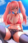  1girl absurdres arm_support azur_lane balut-man bangs bare_shoulders belt bikini bikini_under_clothes black_choker black_shorts blue_legwear blue_sky blush breasts bremerton_(azur_lane) choker cleavage cloud collarbone commentary_request cowboy_shot cutoffs day eyebrows_visible_through_hair grey_belt grey_hair grey_legwear hair_between_eyes hair_intakes heart highres large_breasts lifebuoy long_hair looking_at_viewer midriff multicolored_hair navel navel_piercing no_jacket no_shirt nose_blush open_mouth piercing pink_bikini pink_eyes pink_hair shadow short_shorts shorts sidelocks sitting skindentation sky solo spread_legs streaked_hair sunlight sweat swimsuit thighhighs twintails two-tone_hair two-tone_legwear 