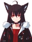  1girl ahoge animal_ears bangs black_hair brown_jacket collarbone commentary_request earrings eyebrows_visible_through_hair fox_ears fox_girl fur_collar hair_between_eyes highres hololive jacket jewelry kurokami_fubuki long_hair looking_at_viewer open_clothes open_jacket red_eyes red_shirt senhaku shirt sidelocks solo transparent_background upper_body virtual_youtuber 