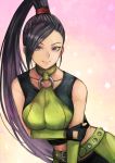  1girl arm_warmers black_gloves breasts choker dragon_quest dragon_quest_xi facing_viewer fingerless_gloves gloves green_choker leaning_forward long_hair looking_at_viewer martina_(dq11) medium_breasts midriff ponytail purple_eyes smile solo usui_natrium 
