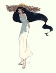  1girl arms_behind_back bangs black_eyes black_hair bright_pupils dress earrings floating_hair full_body hat inata17ta jewelry long_hair off_shoulder original sandals shadow simple_background solo standing tongue tongue_out very_long_hair white_dress white_pupils yellow_background 