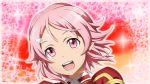  1girl :d calligraphy_brush_(medium) freckles hair_ornament hairclip highres lisbeth_(sao-alo) looking_at_viewer open_mouth pink_eyes pink_hair pointy_ears portrait shikori shiny shiny_hair short_hair smile solo sword_art_online 