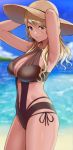  1girl armpits arms_up bare_arms bare_shoulders black_swimsuit blonde_hair blue_eyes blue_sky blurry breasts brown_headwear cleavage cowboy_shot day depth_of_field halterneck hat highres idolmaster idolmaster_shiny_colors izumi_mei large_breasts long_hair looking_at_viewer ocean one-piece_swimsuit outdoors sky smile solo sukebewe sun_hat swimsuit thighs tongue tongue_out water wavy_hair 