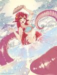  2020 blush breasts building cute_fangs dutch_angle female hair hi_res hot_spring house humanoid_pointy_ears lamia long_hair looking_up miia_(monster_musume) monster_girl_(genre) monster_musume navel onsen outside red_hair reptile rock rtil scalie serpentine smile snake solo tree water yellow_eyes 