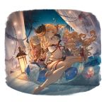  2girls ahoge alpha_transparency anila_(granblue_fantasy) bangs bare_shoulders barefoot bikini blonde_hair blunt_bangs blush breasts cleavage dark_skin detached_sleeves draph eyebrows eyebrows_visible_through_hair granblue_fantasy horns kuvira_(granblue_fantasy) lantern large_breasts layered_bikini long_hair looking_at_viewer minaba_hideo multiple_girls navel night official_art open_mouth palm_tree pointy_ears sheep_horns short_eyebrows sitting sky smile star_(sky) starry_sky swimsuit transparent_background tree very_long_hair white_bikini yellow_eyes 