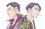  2boys back-to-back black_eyepatch black_hair brown_eyes chain cigarette closed_mouth collared_shirt commentary dress_shirt eyepatch forehead formal gold_chain grey_jacket grey_suit holding holding_cigarette jacket jewelry kiryuu_kazuma looking_away majima_gorou male_focus mouth_hold multiple_boys open_clothes open_jacket parted_hair popped_collar portrait profile red_shirt ryuu_ga_gotoku ryuu_ga_gotoku_0 shirt short_hair snakeskin_print spoilers suit talgi white_background yellow_jacket 