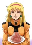  1girl :d bangs blonde_hair bodysuit brown_eyes earrings gacha-m gloves gundam hairband holding holding_plate jewelry katejina_loos long_hair looking_at_viewer open_mouth orange_bodysuit orange_gloves pilot_suit plate red_hairband simple_background smile solo upper_body victory_gundam white_background 