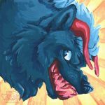  1:1 2020 ailurusmursus ambiguous_form blue_body blue_eyes blue_fur blue_hair blue_nose canid canine canis dragon fangs fur gouache_(artwork) grin hair headshot_portrait hi_res horn hybrid male mammal open_mouth painting_(artwork) pattern_background portrait red_horn red_teeth simple_background smile solo striped_background teeth traditional_media_(artwork) wolf 