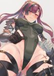  1girl ass_visible_through_thighs bandaged_arm bandages blush breasts covered_navel covered_nipples cross_scar from_below gloves granblue_fantasy highleg highleg_leotard highres leotard leotard_tug meg_(granblue_fantasy) nuko_(mikupantu) ponytail single_glove sweat 