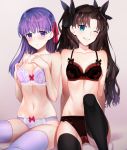  2girls arm_support black_bra black_legwear black_panties blush bow bow_bra bow_panties bra breasts brown_hair fate/stay_night fate_(series) grey_background groin hands_on_own_chest lace lace-trimmed_bra lace-trimmed_panties long_hair matou_sakura medium_breasts multiple_girls navel panties purple_bra purple_eyes purple_hair purple_legwear purple_panties red_ribbon ribbon skindentation smile sweat thighhighs tohsaka_rin twintails underwear underwear_only ycco_(estrella) 