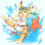  2020 4_toes 5_fingers 848siba absurd_res anthro asterozoan ball barefoot belt bikini blue_background blue_eyes blush breasts brown_stripes cheek_tuft cleavage clothed clothing echinoderm eyewear facial_tuft felid female fingers fur goggles hi_res holding_object kemono looking_at_viewer mammal marine medium_breasts mia_(world_flipper) midriff navel open_mouth open_smile pantherine raised_arm sea simple_background smile solo starfish striped_body striped_fur stripes swimwear tiger toes tools tuft under_boob water world_flipper yellow_body yellow_fur 