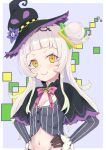  1girl absurdres bangs black_gloves blunt_bangs breasts buttons cleavage commentary flat_chest gloves groin hair_bun hat highres hololive long_sleeves looking_at_viewer midriff murasaki_shion navel oekakiunchi orange_eyes v-shaped_eyebrows virtual_youtuber witch_hat 