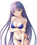  1girl absurdres bikini blue_bikini blush braid breasts commission commissioner_upload embarrassed fire_emblem fire_emblem:_the_binding_blade fire_emblem_heroes highres keenh large_breasts long_hair looking_at_viewer midriff navel purple_eyes purple_hair simple_background solo sophia_(fire_emblem) swimsuit very_long_hair white_background 