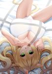  1girl :o absurdres animal_ears blonde_hair breasts cat_ears cat_tail claw_pose cleavage green_eyes highres huge_breasts kaedeno_yuu lace lace_panties long_hair lying on_back on_bed original panties solo tail tank_top thighs underwear white_panties white_tank_top 