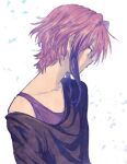  1boy bangs black_shirt hair_intakes k_(anime) long_sleeves looking_away looking_down mimana mishakuji_yukari multicolored_hair off_shoulder pink_hair profile purple_tank_top red_eyes shirt short_hair_with_long_locks sidelocks simple_background solo streaked_hair tank_top two-tone_hair upper_body white_background 