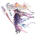  1girl bangs belt blush boots eyebrows flower granblue_fantasy hair_between_eyes hair_flower hair_ornament hair_ribbon half_mask holding japanese_clothes kimono long_hair looking_at_viewer mask masked official_art purple_hair ribbon rosamia_(granblue_fantasy) smile solo standing yellow_eyes yukata 