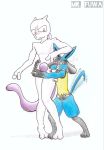  &lt;3 absurd_res anthro black_clothing black_legwear blue_body blue_fur blush canid canine clothing drunk duo embarrassed eyes_closed feet fur hi_res hug humanoid legendary_pok&eacute;mon legwear lucario male male/male mammal mewtwo mr_fuwa nintendo pok&eacute;mon pok&eacute;mon_(species) purple_body purple_skin raised_tail simple_background size_difference slim substance_intoxication tailwag thick_thighs video_games yellow_body yellow_fur 