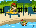  2020 absurd_res anthro beach_chair bowser bowser_jr. bracelet collar duo eyes_closed eyewear fence happy hi_res jewelry koopa life_jacket male mario_bros nintendo outside pool_(disambiguation) prate scalie signature sitting smile spiked_bracelet spikes sunbathing sunglasses swimming tanning_mirror umbrella video_games water 