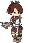  1girl :o brown_eyes brown_hair brown_skirt cannon commentary full_body highres kantai_collection neck_ribbon pleated_skirt ponytail ribbon rigging roku_no_hito school_uniform serafuku shikinami_(kantai_collection) simple_background skirt solo standing white_background 