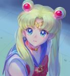  1girl bangs bishoujo_senshi_sailor_moon blonde_hair blue_eyes blue_sailor_collar bow choker commentary_request crescent crescent_earrings derivative_work double_bun earrings eyelashes from_side heart heart_choker jewelry long_hair looking_to_the_side magical_girl meme mitama_(mokochiko) parted_bangs parted_lips red_bow red_choker sailor_collar sailor_moon sailor_moon_redraw_challenge sailor_senshi_uniform screencap_redraw shirt solo tsukino_usagi twintails white_shirt 