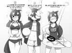  3girls @_@ animal_ears antelope_ears antelope_horns australian_devil_(kemono_friends) ball bangs batten_japari_dan bikini bikini_shorts bikini_under_clothes blackbuck_(kemono_friends) closed_eyes commentary eyebrows_visible_through_hair eyepatch fangs fidgeting flying_sweatdrops greyscale hair_over_one_eye halterneck heart highres holding holding_ball hood hood_down hoodie horns isobee kemono_friends long_hair looking_at_viewer medical_eyepatch monochrome multicolored_hair multiple_girls navel one-piece_swimsuit open_clothes open_hoodie open_mouth school_swimsuit short_hair shorts side-by-side smile standing stomach swept_bangs swimsuit symbol_commentary tail tasmanian_devil_(kemono_friends) tasmanian_devil_ears tasmanian_devil_tail translation_request twintails upper_teeth v-shaped_eyebrows 